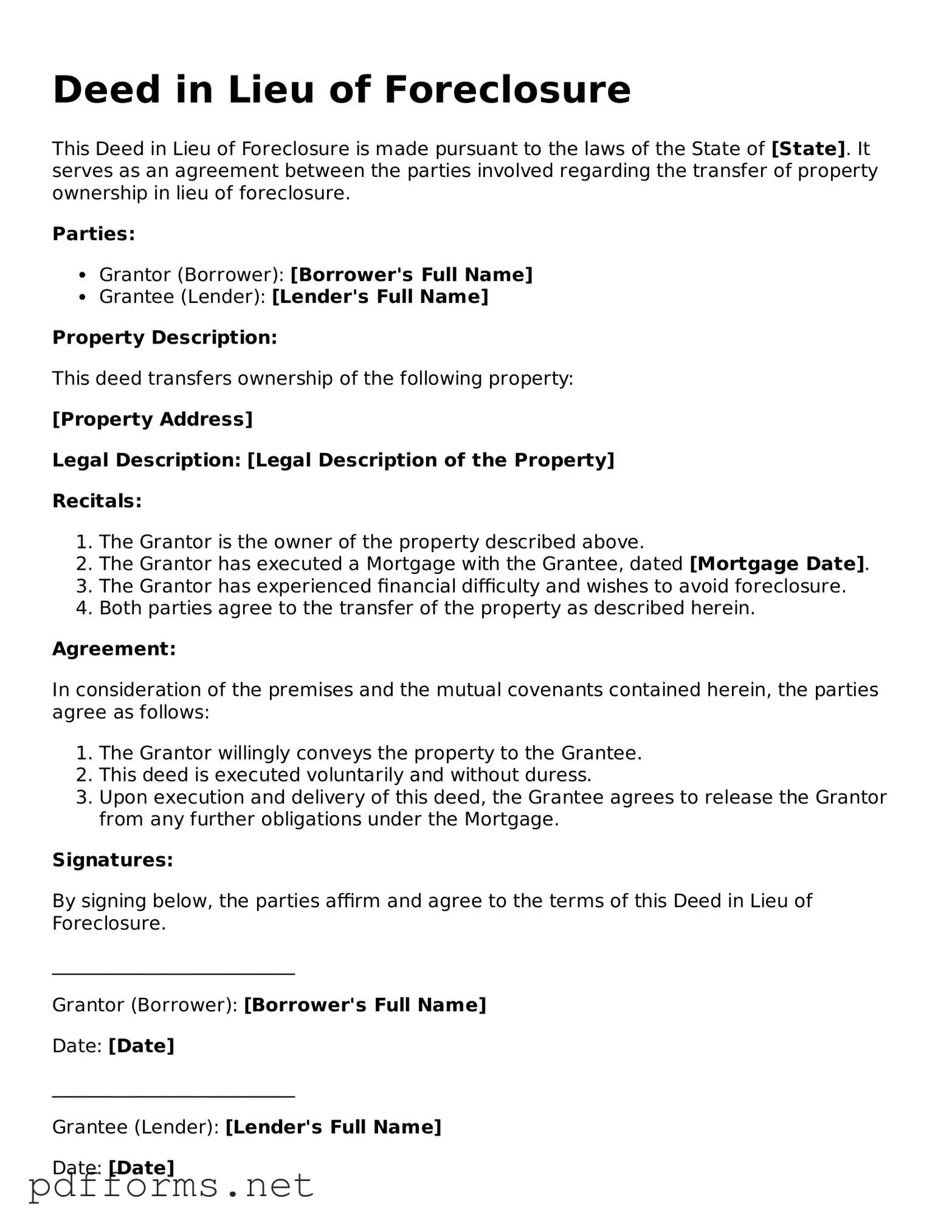 Official Deed in Lieu of Foreclosure Template