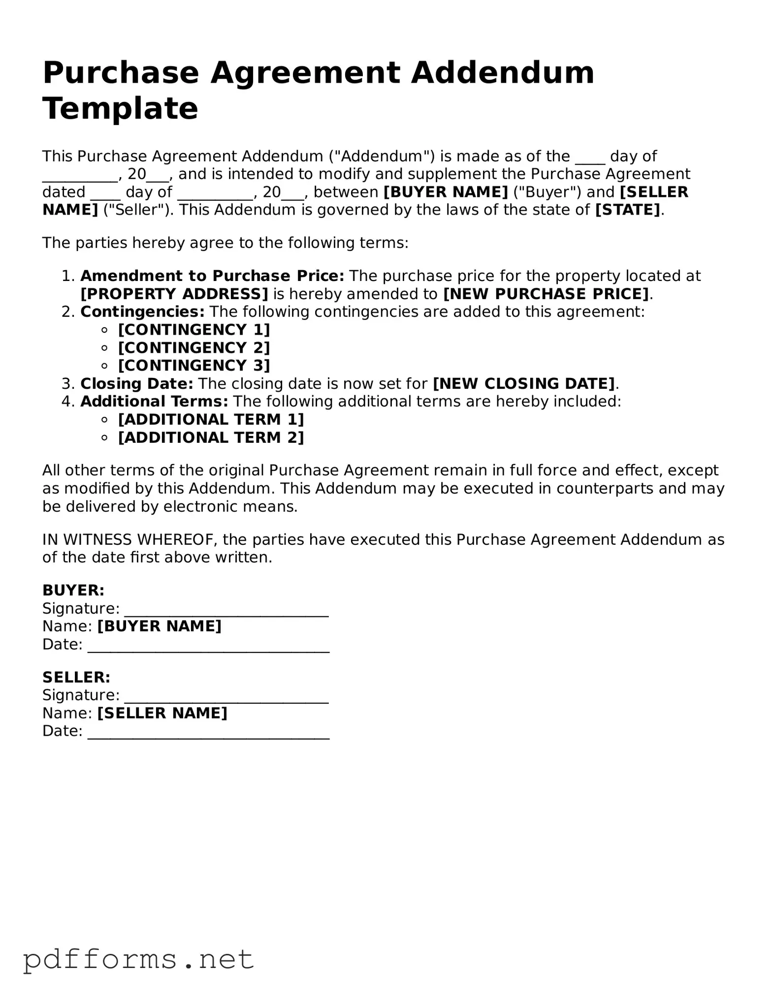 Official Purchase Agreement Addendum Template