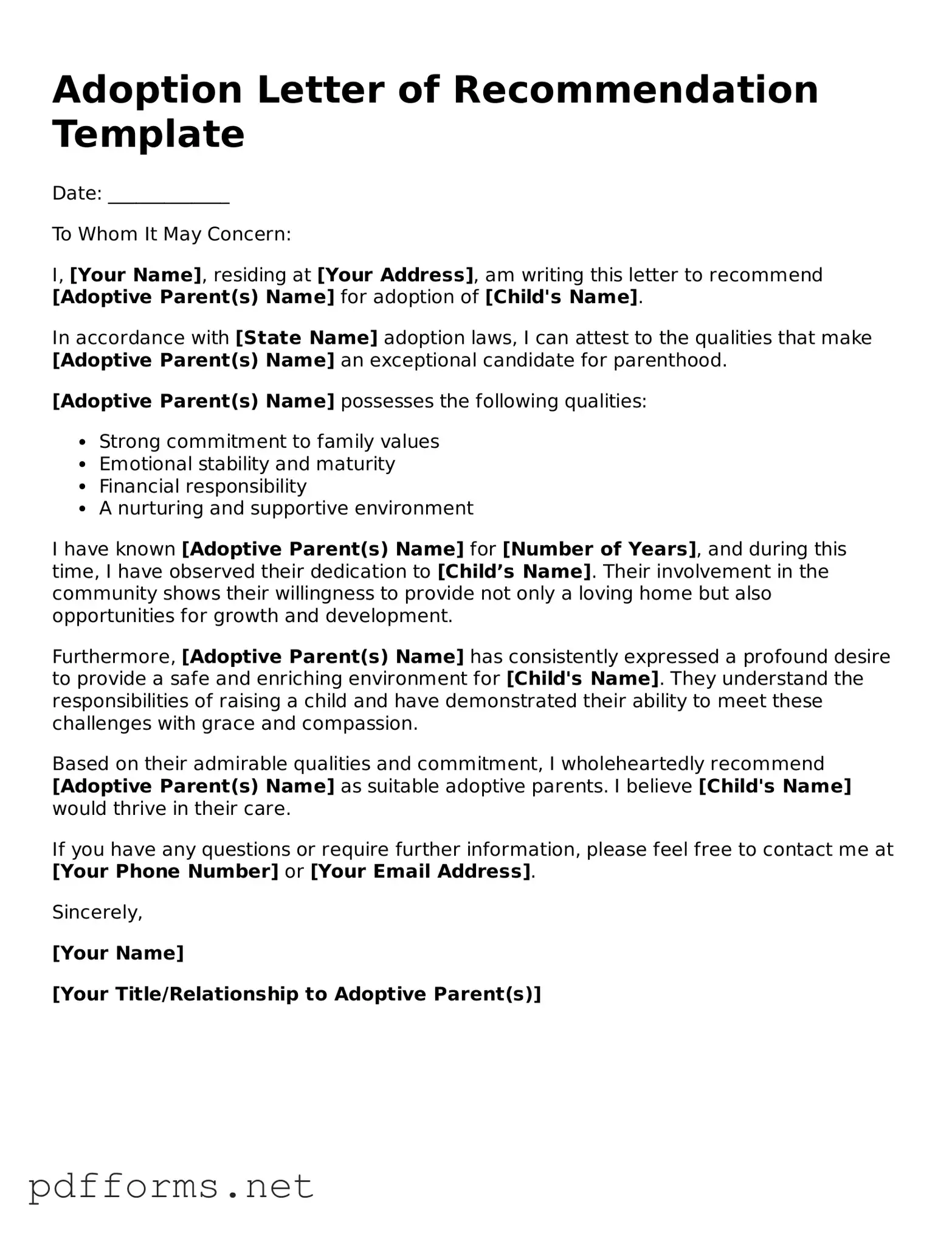 Official Adoption Letter of Recommendation Template