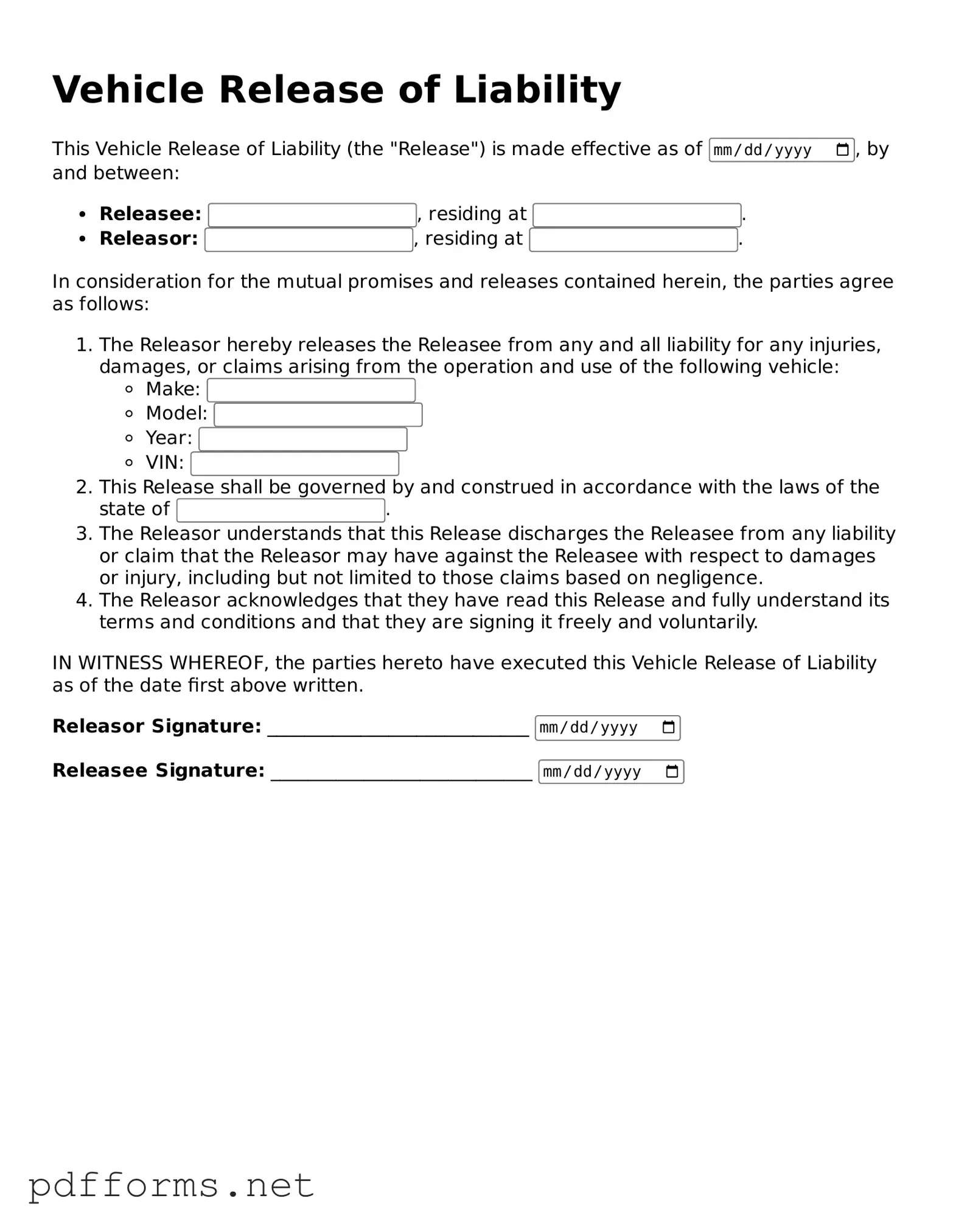 Official Vehicle Release of Liability Template