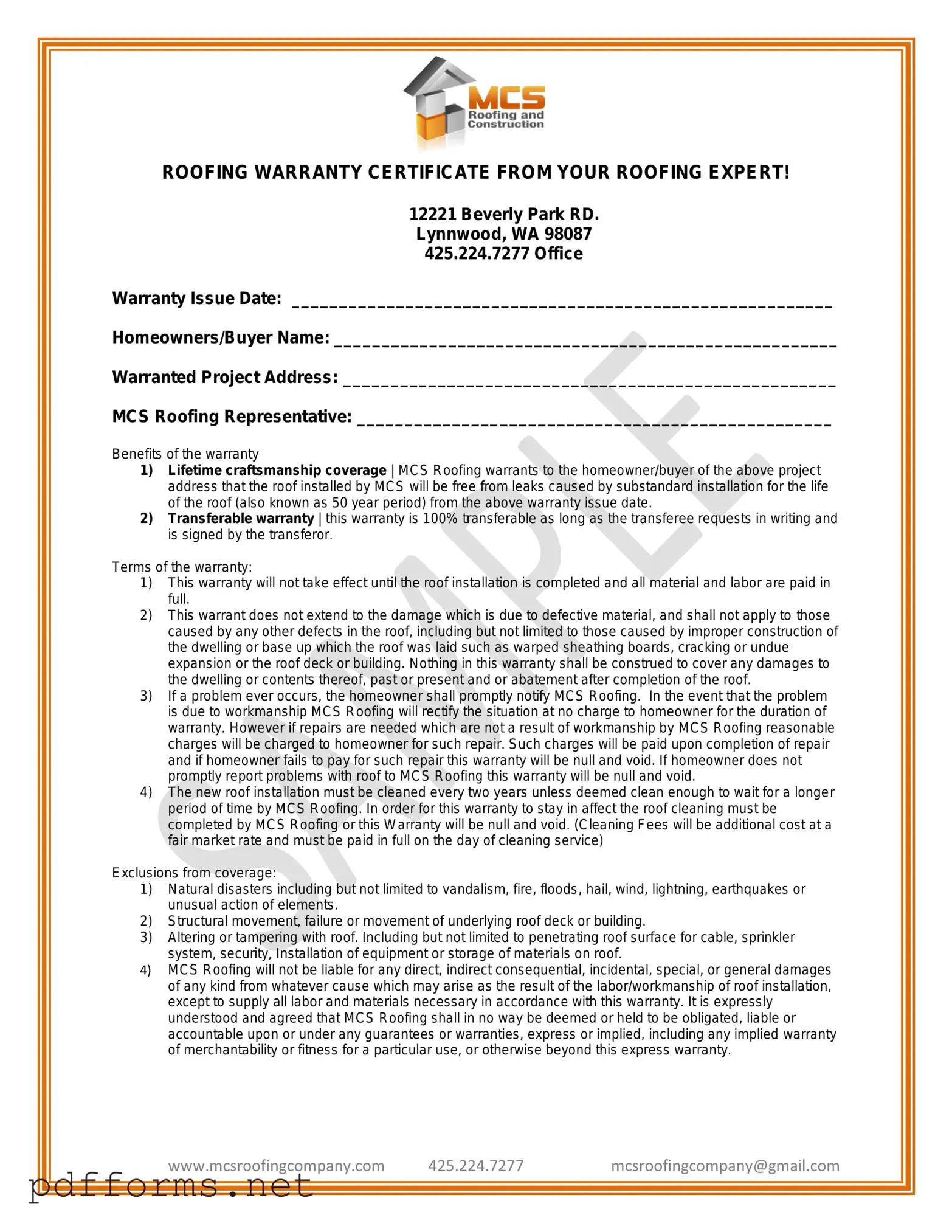 Download Roofing Warranty Certificate Template