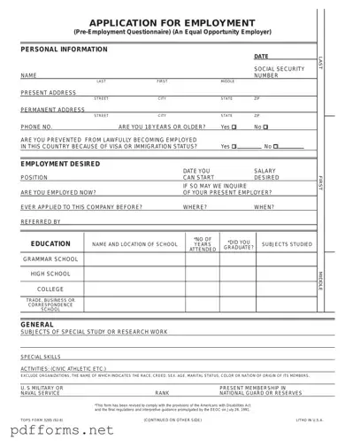 Download Employment Application Pdf Template