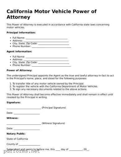 Free  Motor Vehicle Power of Attorney Document for California