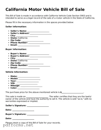 Free  Motor Vehicle Bill of Sale Document for California