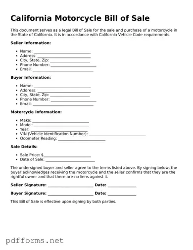 Free  Motorcycle Bill of Sale Document for California