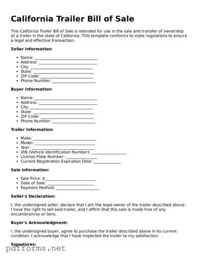 Free  Trailer Bill of Sale Document for California