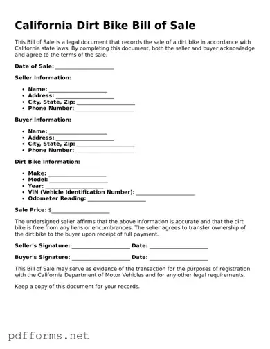 Free  Dirt Bike Bill of Sale Document for California