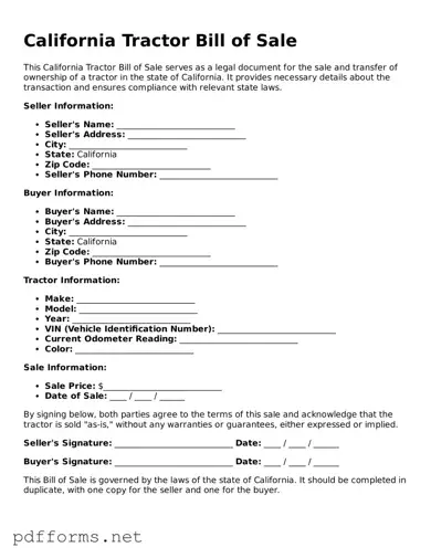 Free  Tractor Bill of Sale Document for California
