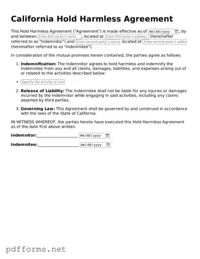 Free  Hold Harmless Agreement Document for California