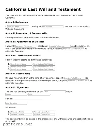 Free  Last Will and Testament Document for California