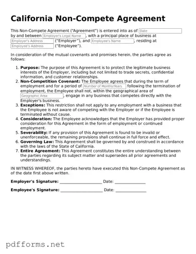 Free  Non-compete Agreement Document for California