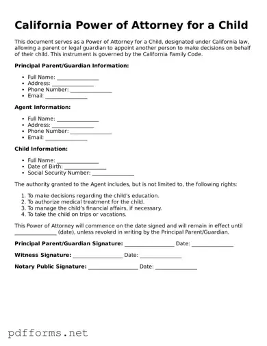 Free  Power of Attorney for a Child Document for California