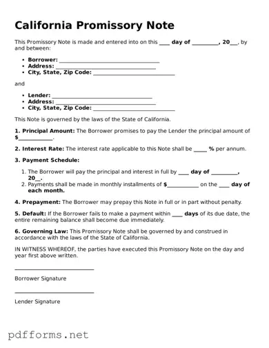 Free  Promissory Note Document for California