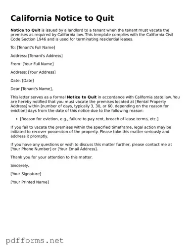 Free  Notice to Quit Document for California