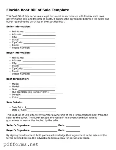 Free  Boat Bill of Sale Document for Florida