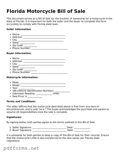 Free  Motorcycle Bill of Sale Document for Florida