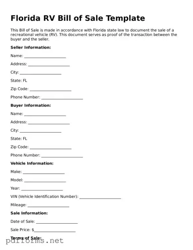 Free  RV Bill of Sale Document for Florida