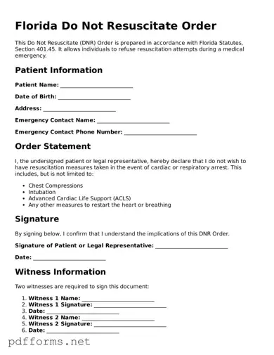 Free  Do Not Resuscitate Order Document for Florida