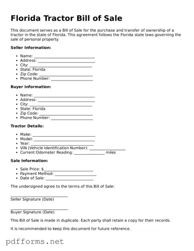 Free  Tractor Bill of Sale Document for Florida