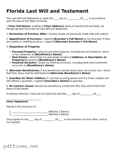 Free  Last Will and Testament Document for Florida
