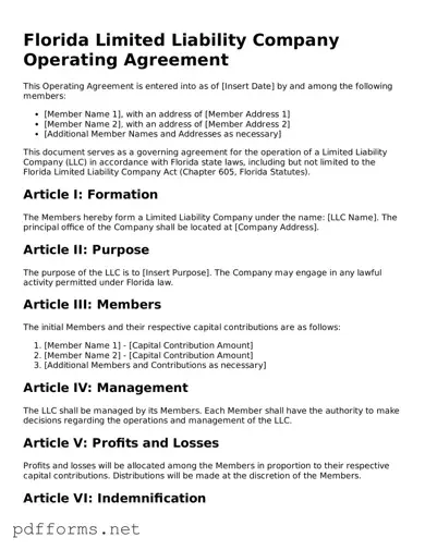 Free  Operating Agreement Document for Florida