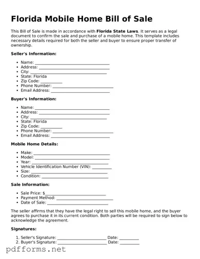 Free  Mobile Home Bill of Sale Document for Florida