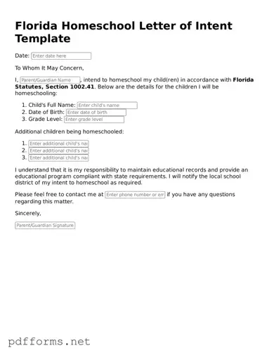 Free  Homeschool Letter of Intent Document for Florida