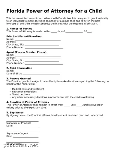 Free  Power of Attorney for a Child Document for Florida