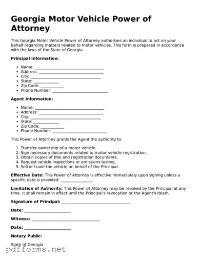 Free  Motor Vehicle Power of Attorney Document for Georgia