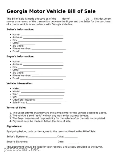 Free  Motor Vehicle Bill of Sale Document for Georgia