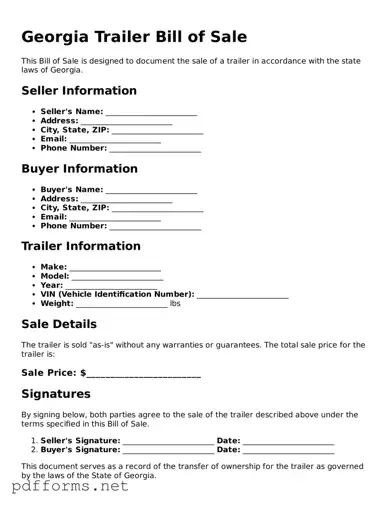 Free  Trailer Bill of Sale Document for Georgia