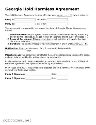 Free  Hold Harmless Agreement Document for Georgia
