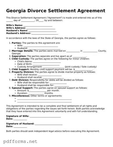 Free  Divorce Settlement Agreement Document for Georgia