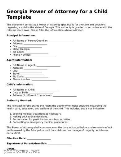 Free  Power of Attorney for a Child Document for Georgia
