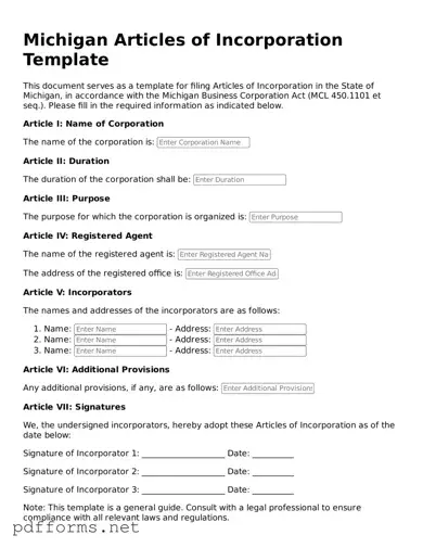 Free  Articles of Incorporation Document for Michigan
