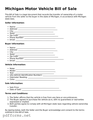 Free  Motor Vehicle Bill of Sale Document for Michigan