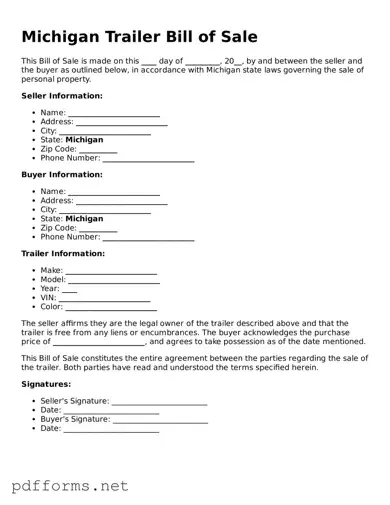 Free  Trailer Bill of Sale Document for Michigan