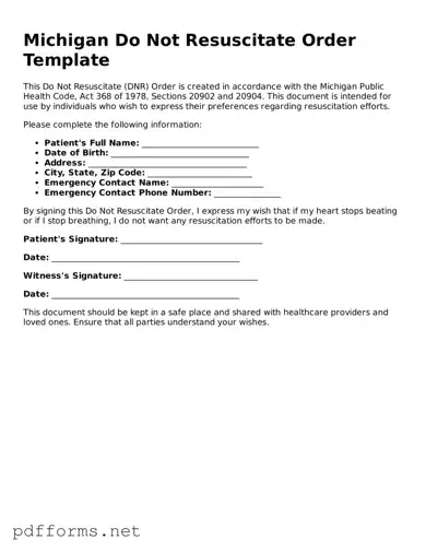 Free  Do Not Resuscitate Order Document for Michigan