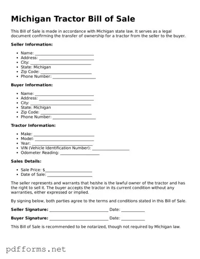 Free  Tractor Bill of Sale Document for Michigan