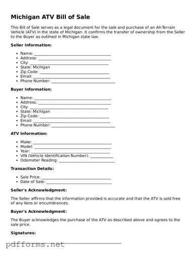 Free  ATV Bill of Sale Document for Michigan