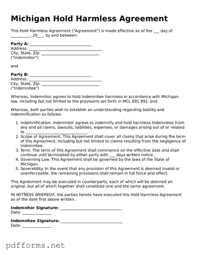 Free  Hold Harmless Agreement Document for Michigan