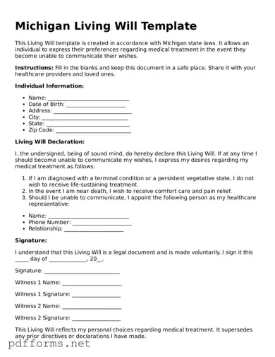 Free  Living Will Document for Michigan