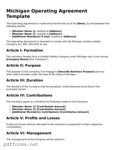 Free  Operating Agreement Document for Michigan