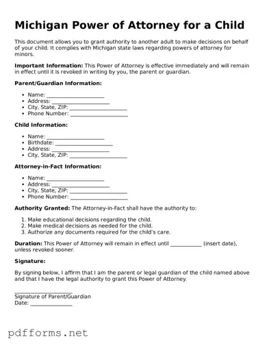 Free  Power of Attorney for a Child Document for Michigan