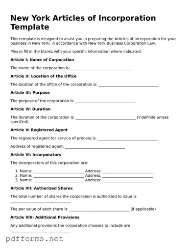 Free  Articles of Incorporation Document for New York