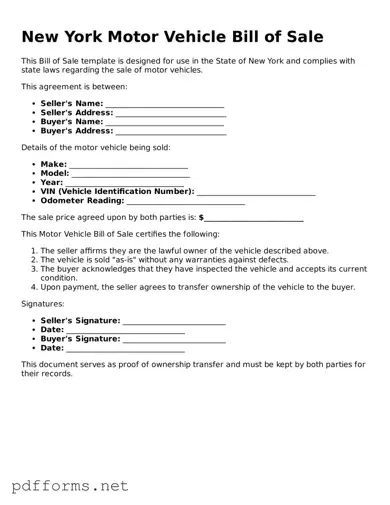 Free  Motor Vehicle Bill of Sale Document for New York