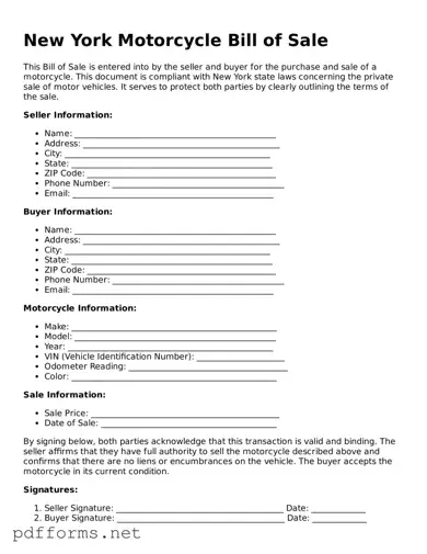 Free  Motorcycle Bill of Sale Document for New York