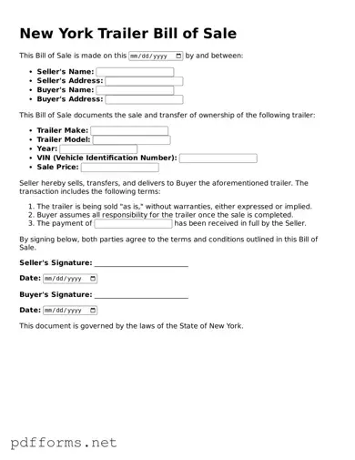 Free  Trailer Bill of Sale Document for New York