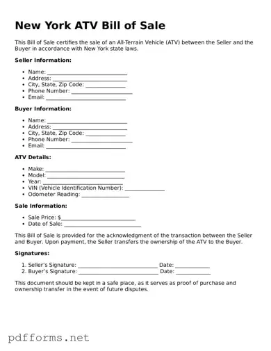 Free  ATV Bill of Sale Document for New York
