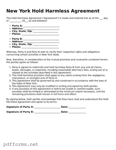 Free  Hold Harmless Agreement Document for New York